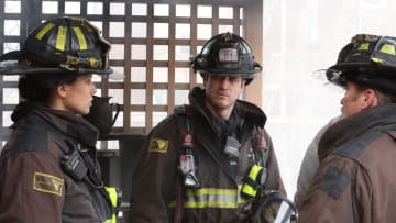 CHICAGO FIRE -- "The Little Things" Episode 12004 -- Pictured: (l-r) Miranda Rae Mayo as Stella Kidd, Jake Lockett as Sam Carver, Christian Stolte as Randy "Mouch" McHolland -- (Photo by: Adrian S Burrows Sr/NBC)