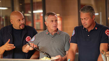 CHICAGO FIRE -- "Ride the Blade" Episode 13002 -- Pictured: (l-r) Joe Miñoso as Joe Cruz, David Eigenberg as Christopher Herrmann, Taylor Kinney as Kelly Severide -- (Photo by: George Burns Jr/NBC)