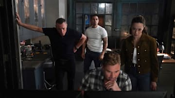 CHICAGO P.D. -- "Off Switch" Episode 12003 -- Pictured: (l-r) Jason Beghe as Sgt. Hank Voight, Benjamin Levy Aguilar as Dante Torres, Patrick John Flueger as Officer Adam Ruzek, Marina Squerciati as Officer Kim Burgess -- (Photo by: Elizabeth Sisson/NBC)