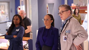 CHICAGO MED -- "The Invisible Hand" Episode 1020 -- Pictured: (l-r) Marlyne Barrett as Maggie Lockwood, S. Epatha Merkerson as Sharon Goodwin, Oliver Platt as Dr. Daniel Charles -- (Photo by: George Burns Jr/NBC)