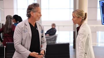 CHICAGO MED -- "Blurred Lines" Episode 1004 -- Pictured: (l-r) Steven Weber as Dr. Dean Archer, Jessy Schram as Dr. Hannah Asher -- (Photo by: George Burns Jr/NBC)