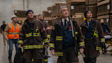 CHICAGO FIRE -- "In The Rubble" Episode 13016 -- Pictured: (l-r) Taylor Kinney as Kelly Severide, Joe Miñoso as Joe Cruz, Dermot Mulroney as Chief Dom Pascal, Miranda Rae Mayo as Stella Kidd 
