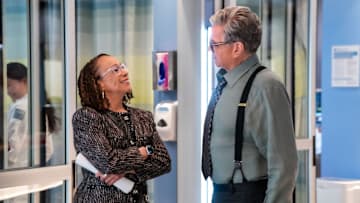 CHICAGO MED -- "We All Fall Down" Episode 1101 -- Pictured: (l-r) S. Epatha Merkerson as Sharon Goodwin, Oliver Platt as Dr. Daniel Charles -- (Photo by: Elizabeth Sisson/NBC)