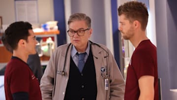 CHICAGO MED -- "The Invisible Hand" Episode 1020 -- Pictured: (l-r) Darren Barnet as Dr. John Frost, Oliver Platt as Dr. Daniel Charles, Luke Mitchell as Dr. Mitch Ripley -- (Photo by: George Burns Jr/NBC)