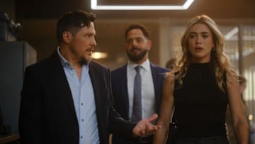 THE HUNTING PARTY -- "Roy Barber" Episode 105 -- Pictured: Nick Wechsler as Oliver Odell, Patrick Sabongui as Jacob Hassani, Melissa Roxburgh as Rebecca 'Bex' Henderson -- (Photo by: David Astorga/NBC)