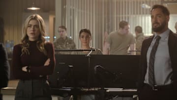 THE HUNTING PARTY -- "Jenna Wells" Episode 110 -- Pictured: (l-r) Melissa Roxburgh as Rebecca Bex Henderson, Sara Garcia as Jennifer Morales, Patrick Sabongui as Jacob Hassani -- (Photo by: David Astorga/NBC)