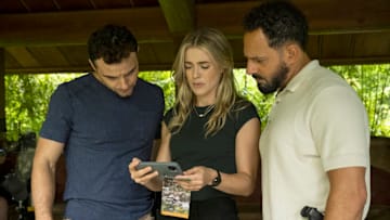 THE HUNTING PARTY -- "Arlo Brandt" Episode 106 -- Pictured: (l-r) Josh McKenzie as Shane Florence, Melissa Roxburgh as Rebecca 'Bex' Henderson, Patrick Sabongui as Jacob Hassani -- (Photo by: James Dittiger/NBC)