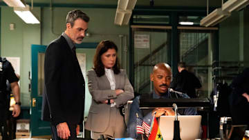 LAW & ORDER -- ""Big Brother"" Episode 24002 -- Pictured: (l-r) Reid Scott as Det. Vincent Riley, Maura Tierney as Lt. Jessica Brady, Mehcad Brooks as Det. Jalen Shaw