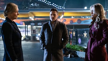 THE HUNTING PARTY -- "Jenna Wells" Episode 110 -- Pictured: (l-r) Kari Matchett as Col Lazarus, Nick Wechsler as Oliver Odell, Melissa Roxburgh as Rebecca Bex Henderson -- (Photo by: James Dittiger/NBC)