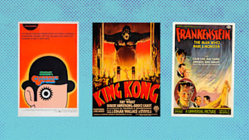 From left to right, posters for: ‘A Clockwork Orange’ (1972), ‘King Kong’ (1933), ‘Frankenstein (1931) 