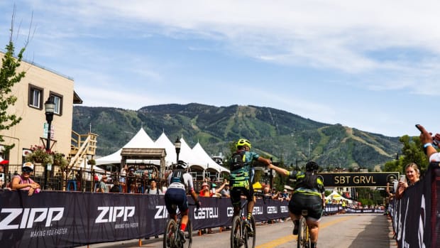 Bike racers near the finish line of a gravel race