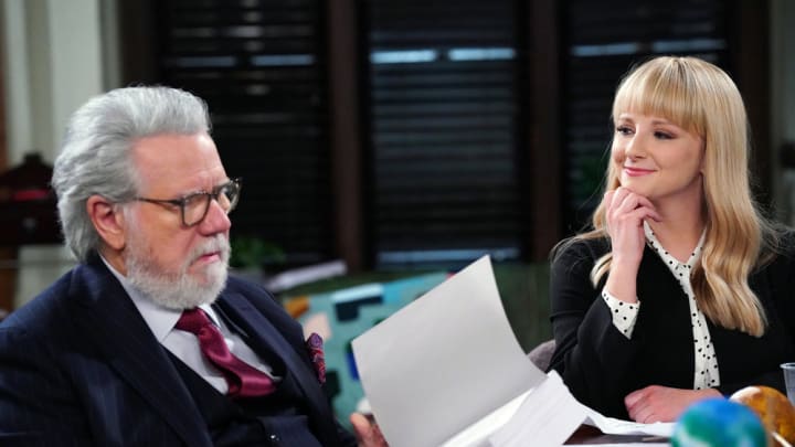 NIGHT COURT -- "Just the Fax, Dan" Episode 203 -- Pictured: (l-r) John Larroquette as Dan Fielding, Melissa Rauch as Abby Stone -- (Photo by: Nicole Weingart/NBC/Warner Bros.)