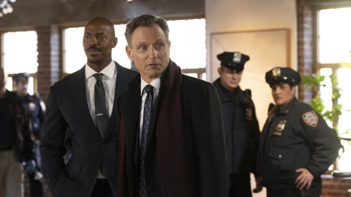 LAW & ORDER -- "Balance Of Power" Episode 23007 -- Pictured: (l-r) Mehcad Brooks as Det. Jalen Shaw, Tony Goldwyn as DA Nicholas Baxter -- (Photo by: Virginia Sherwood/NBC)
