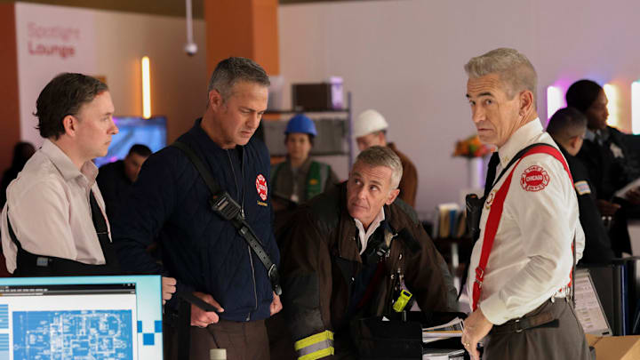 CHICAGO MED -- "In The Trenches: Part II" Episode 1011 -- Pictured: (l-r) Taylor Kinney as Kelly Severide, David Eigenberg as Christopher Herrmann, Dermot Mulroney as Chief Dom Pascal -- (Photo by: George Burns Jr/NBC)