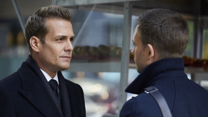 SUITS -- "Quid Pro Quo" Episode 615 -- Pictured: (l-r) Gabriel Macht as Harvey Specter, Patrick J. Adams as Michael Ross -- (Photo by: Shane Mahood/USA Network)