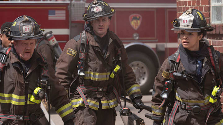 CHICAGO FIRE -- "It Had To End This Way" Episode 13022 -- Pictured: (l-r) Christian Stolte as Randy Mouch McHolland, Jake Lockett as Sam Carver, Miranda Rae Mayo as Stella Kidd -- 