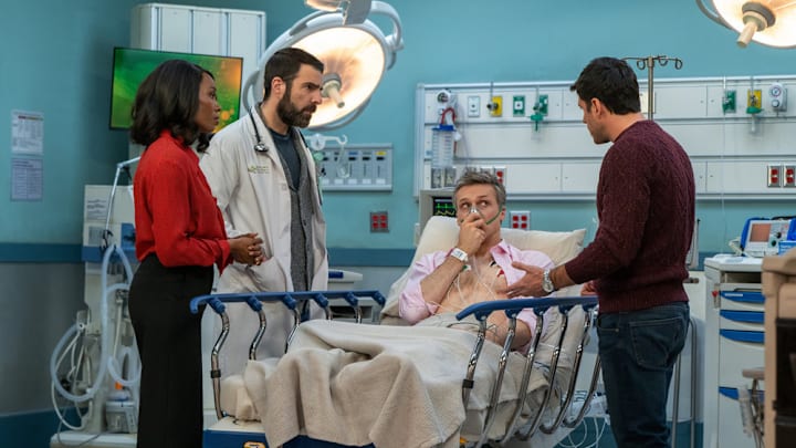 BRILLIANT MINDS -- "The Invisible Man" Episode 214 -- Pictured: (l-r) Tamberla Perry as Dr. Carol Pierce, Zachary Quinto as Dr. Oliver Wolf, Teddy Sears as Dr. Josh Nichols, Marco Pigossi as Dr. Beau Pedrosa -- (Photo by: Pief Weyman/NBC)