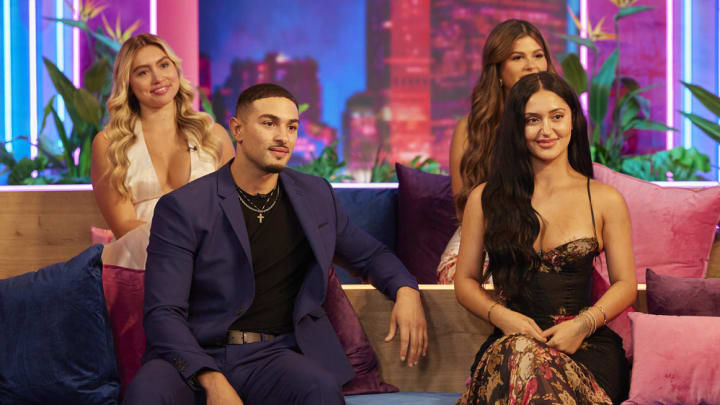 LOVE ISLAND USA -- "Reunion" Episode 637 -- Pictured: (l-r) Andrea Carmona, Miguel Harichi, Daniela Ortiz Rivera, Leah Kateb -- (Photo by: Jocelyn Prescod/Peacock)