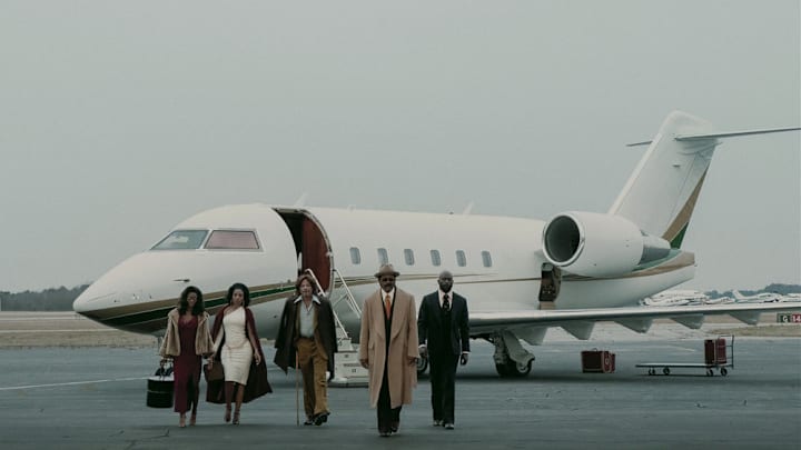 FIGHT NIGHT: THE MILLION DOLLAR HEIST -- Episode 101 -- Pictured: (l-r) Haiti Estelhomme and Yomally Brady as ensemble cast, Terrence Howard as Cadillac Richie, Samuel L. Jackson as Frank Moten, Michael James Shaw as Lamar  (Photo by: Parrish Lewis/PEACOCK)