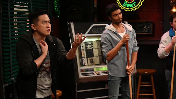 SATURDAY NIGHT LIVE -- "Regé-Jean Page" Episode 1798 -- Pictured: (l-r) Bowen Yang and host Regé-Jean Page during the "Pool Hall" sketch on Saturday, February 20, 2021 -- (Photo by: Will Heath/NBC)