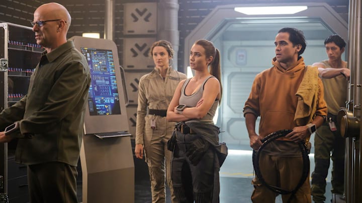 THE ARK -- "It Will Be Over Soon" Episode 211 -- Pictured: (l-r) Paul Leonard Murray as William Trust, Christie Burke as Lt. Sharon Garnet, Tiana Upcheva as Eva Markovic, Reece Ritchie as Ian, Milo Cvetkovi? as Sasha Novak -- (Photo by: Aleksandar Letic/Ark TV Holdings, Inc./SYFY)