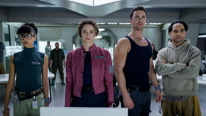 THE ARK -- "Fortunate" Episode 212 -- Pictured: (l-r) Stacey Read as Alicia Nevins, Christie Burke as Lt. Sharon Garnet, Richard Fleeshman as Lt. James Brice, Reece Ritchie as Ian -- (Photo by: Aleksandar Letic/Ark TV Holdings, Inc./SYFY)