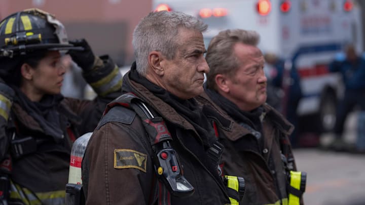 CHICAGO FIRE -- "It Had To End This Way" Episode 13022 -- Pictured: (l-r) Miranda Rae Mayo as Stella Kidd, Dermot Mulroney as Chief Dom Pascal, Christian Stolte as Randy Mouch McHolland 