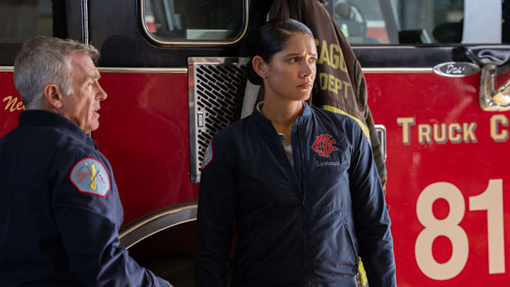 CHICAGO FIRE -- "Crime of Passion" Episode 1409 -- Pictured: (l-r) David Eigenberg as Christopher Herrmann, Miranda Rae Mayo as Stella Kidd -- (Photo by: Peter Gordon/NBC)