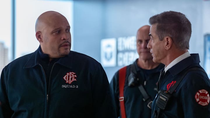 CHICAGO FIRE -- "Coming In Hot" Episode 1412 -- Pictured: (l-r) Joe Miñoso as Joe Cruz, Dermot Mulroney as Dom Pascal 