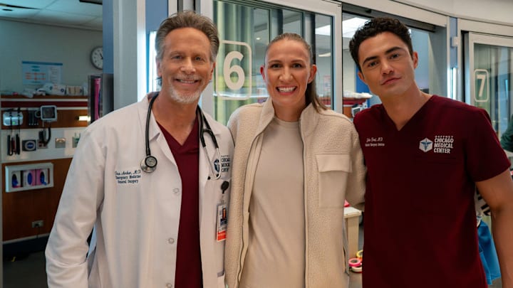 CHICAGO MED -- "Rebounding" Episode 1110 -- Pictured: (l-r) Steven Weber as Dr. Dean Archer, Courtney Vandersloot as herself, Darren Barnet as Dr. John Frost 