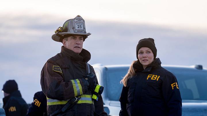CHICAGO FIRE -- "Reckoning, Part 1" Episode 1415 -- Pictured: (l-r) Dermot Mulroney as Chief Dom Pascal, Tracy Spiridakos as Hailey Upton 