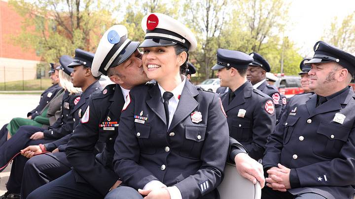CHICAGO FIRE -- "A White Knuckle Panic" Episode 915 -- Pictured: (l-r) Taylor Kinney as Kelly Severide, Miranda Rae Mayo as Stella Kidd
