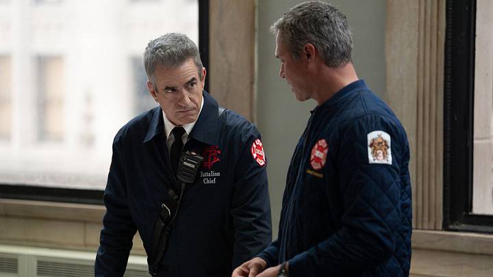CHICAGO FIRE -- "Broken Things" Episode 1406 -- Pictured: (l-r) Dermot Mulroney as Dom Pascal, Taylor Kinny as Kelly Severide 