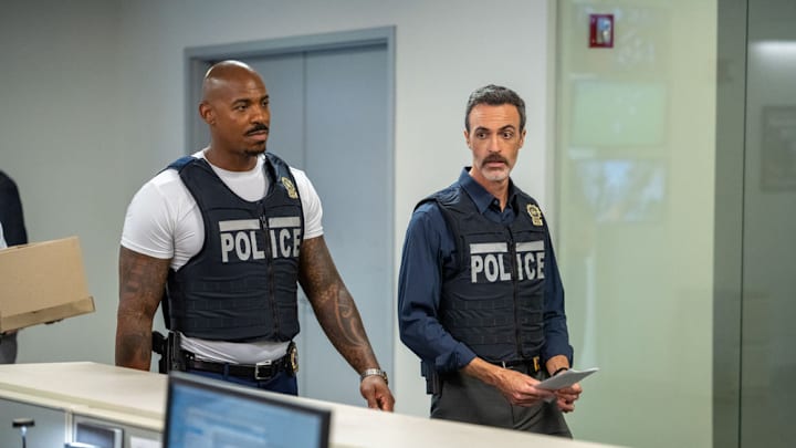 LAW & ORDER -- "Catch and Kill" Episode 24001 -- Pictured: (l-r) Mehcad Brooks as Det. Jalen Shaw, Reid Scott as Det. Vincent Riley (Photo by: Scott Gries/NBC)