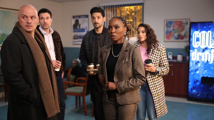 FOUND -- "Missing While Heather" Episode 218 -- Pictured: (l-r) Lee Osorio as Ethan, Brett Dalton as Detective Mark Trent, Karan Oberoi as Dahn, Shanola Hampton as Gabi Mosely, Gabrielle Walsh as Lacey -- (Photo by: Matt Miller/NBC)