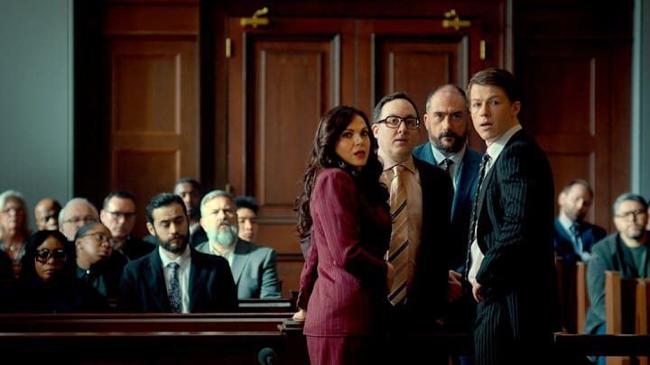 THE RAINMAKER -- Episode 110 -- Pictured in this screengrab: (l-r) Lana Parrilla as Jocelyn Bruiser Stone, P.J. Byrne as Deck Shifflet, Oisin De Lange as Butch, Milo Callaghan as Rudy Baylor -- (Photo by: USA Network)