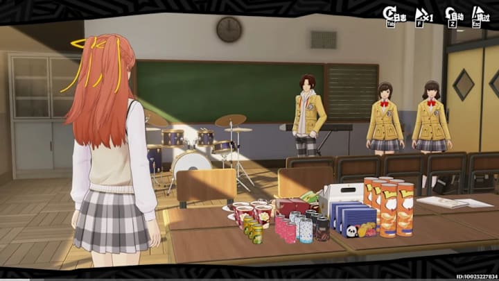 A girl with ginger hair standing in a classroom with a drumkit and keyboard in it.