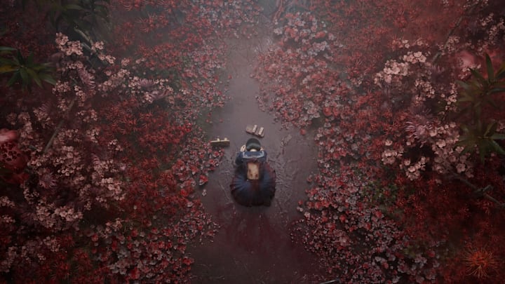 Hinako crouches in a field of spider lillies with her dress torn at the back in Silent Hill f