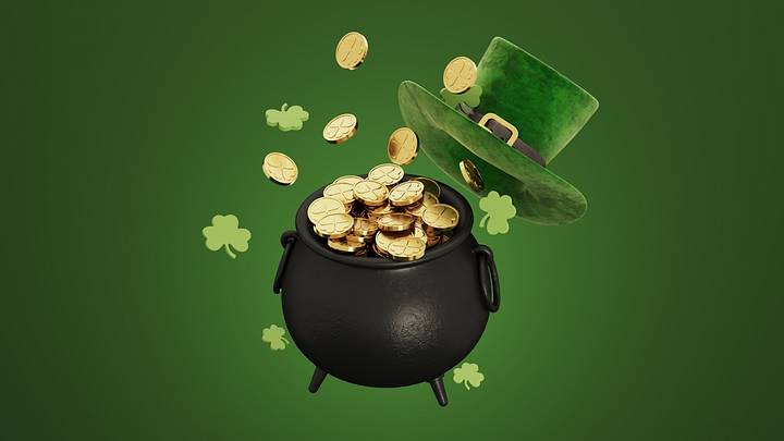 Green hat on green background above pot of gold coins