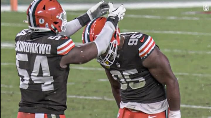 Cleveland Browns' Ogbo Okoronkwo crowns Myles Garrett after Garrett's 3rd sack against the Pittsburgh Steelers on Nov. 21, 2024. Cleveland Browns' Ogbo Okoronkwo crowns Myles Garrett after Garrett's 3rd sack against the Pittsburgh Steelers on Nov. 21, 2024.
