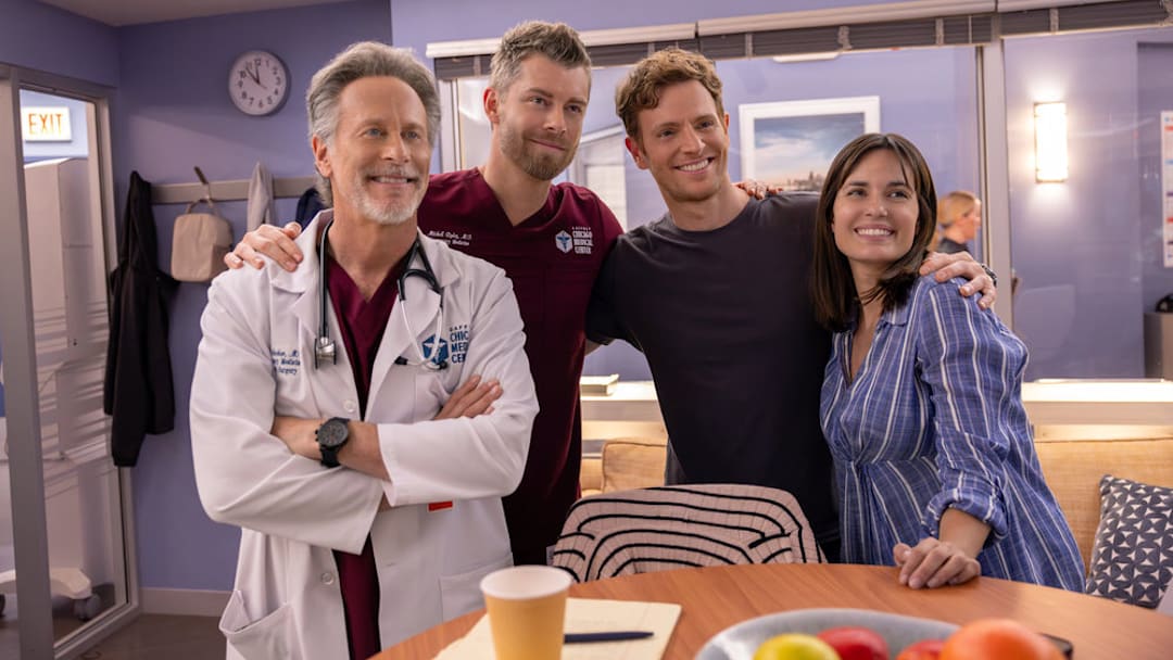 CHICAGO MED -- "Horseshoes and Hand Grenades" Episode 1103 -- Pictured: (l-r) Steven Weber as Dr. Dean Archer, Luke Mitchell as Dr. Mitch Ripley, Nick Gehlfuss as Dr. Will Halstead, Torrey DeVitto as Dr. Natalie Manning -- (Photo by: George Burns Jr/NBC) CHICAGO MED -- "Horseshoes and Hand Grenades" Episode 1103 -- Pictured: (l-r) Steven Weber as Dr. Dean Archer, Luke Mitchell as Dr. Mitch Ripley, Nick Gehlfuss as Dr. Will Halstead, Torrey DeVitto as Dr. Natalie Manning -- (Photo by: George Burns Jr/NBC)