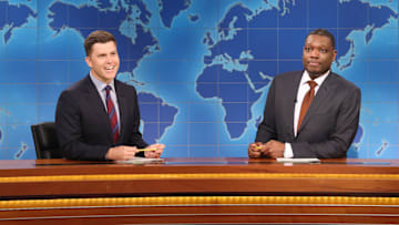 SATURDAY NIGHT LIVE -- Episode 1864 -- Pictured: (l-r) Anchor Colin Jost and anchor Michael Che during Weekend Update on Saturday, May 18, 2024 -- 