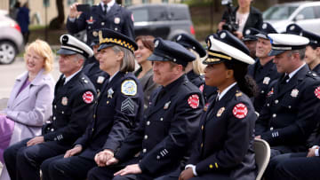 CHICAGO FIRE -- "A White Knuckle Panic" Episode 915 -- Pictured: (l-r) David Eigenberg as Christopher Herrmann, Amy Morton as Trudy Platt, Christian Stolte as Randall “Mouch” McHolland, Taylor Kinney as Kelly Severide -- (Photo by: Adrian S. Burrows Sr./NBC)