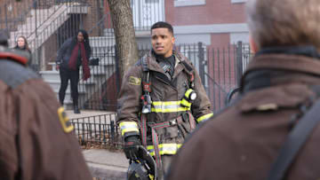 CHICAGO FIRE -- "Call Me McHolland" Episode 12002 -- Pictured: (l-r) Rome Flynn as Derrick Gibson, Christian Stolte as Randy McHolland 