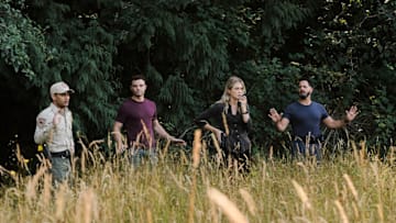 THE HUNTING PARTY -- "Lowe" Episode 103 -- Pictured: (l-r) Moheb Jindran as Ranger Dan, Josh McKenzie as Shane Florence, Melissa Roxburgh as Rebecca 'Bex' Henderson, Patrick Sabongui as Jacob Hassani -- (Photo by: David Astorga/NBC)