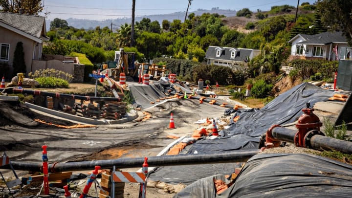 Severe landslide damage on Dauntless Drive near the Portuguese Bend Community in Rancho Palos Verdes, Calif., where an evacuation warning has been issued because of electricity being cut.