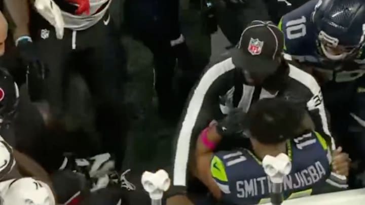 Field judge Nathan Jones protected a helmet-less Smith-Njigba as a mob of Texans and Seahawks descended onto the sideline. Field judge Nathan Jones protected a helmet-less Smith-Njigba as a mob of Texans and Seahawks descended onto the sideline.