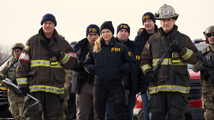 CHICAGO FIRE -- "Reckoning, Part 1" Episode 1415 -- Pictured: (l-r) Taylor Kinney as Kelly Severide, Tracy Spiridakos as Hailey Upton, Dermot Mulroney as Chief Dom Pascal 