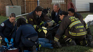 CHICAGO FIRE -- "Quicksand" Episode 13008 -- Pictured: (l-r) Jocelyn Hudon as Lyla Novak, Jake Lockett as Sam Carver, Christian Stolte as Randy "Mouch" McHolland, Miranda Rae Mayo as Stella Kidd, Daniel Kyri as Darren Ritter
