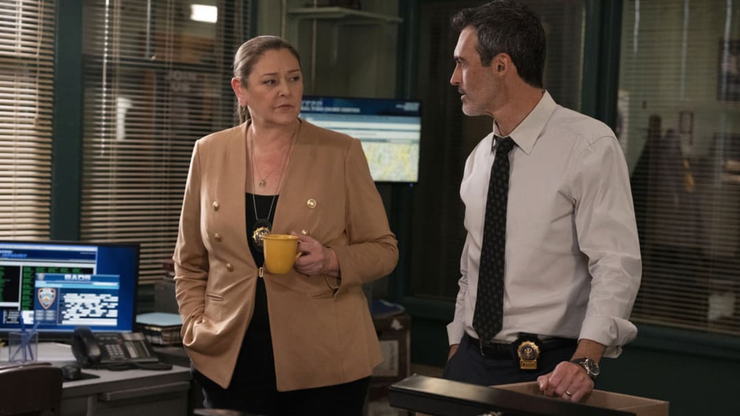 LAW & ORDER -- "Freedom of Expression" Episode 23001 -- Pictured: (l-r) Camryn Manheim as Lt. Kate Dixon, Reid Scott as Det. Vincent Riley -- (Photo by: Virginia Sherwood/NBC)